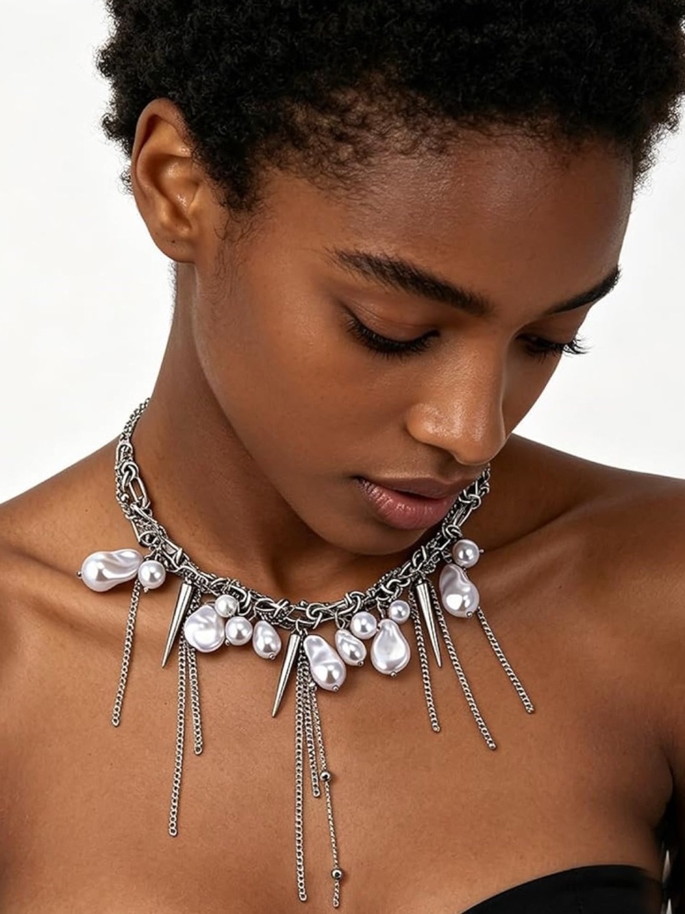 Statement Silver Chain Necklace with Pearl Drops